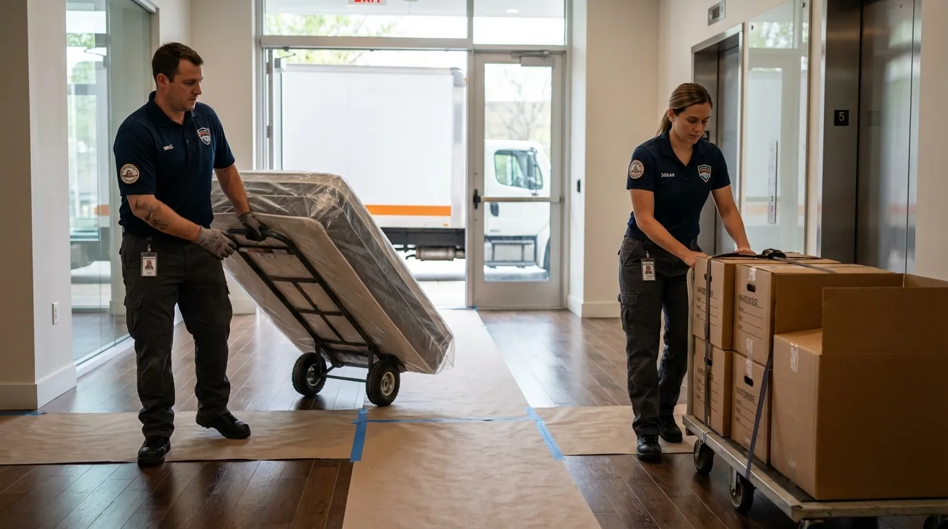 Professional apartment movers loading elevator in Mercer, PA